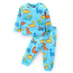 Babyhug Cotton Knit Full Sleeves Night Suit Dino Print- Sky Blue