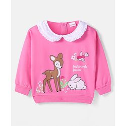 Babyhug Cotton Knit Full Sleeves Sweatshirt With Bunny Graphics & Lace Detailing - Dark Pink