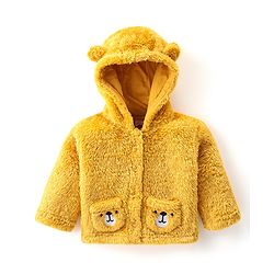 Babyhug Woven Full Sleeves Hooded Winter Jacket with Ears Applique & Animal Patch Detailing - Mustard