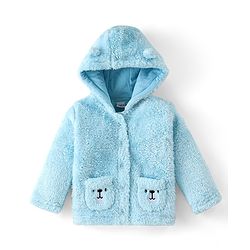 Babyhug Woven Full Sleeves Hooded Winter Jacket with Teddy Embroidery - Sky Blue
