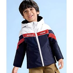 Babyhug Woven Full Sleeves Text Printed Hooded Padded Jacket With Colour Block Design - White & Navy