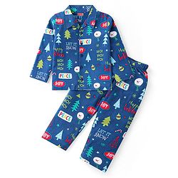 Babyhug Cotton Knit Full Sleeves Night Suit With Christmas Theme Print - Navy