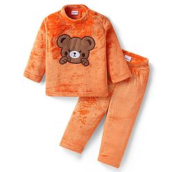 Babyhug Fur Woven Full Sleeves Winter Wear Suit With Bear Design - Orange
