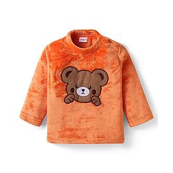 Babyhug Fur Woven Full Sleeves Winter Wear Suit With Bear Design - Orange