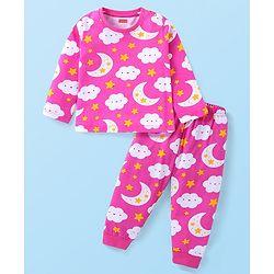 Babyhug Cotton Knit Full Sleeves Night Suit with Star & Cloud Print - Dark Pink