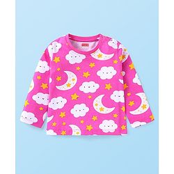 Babyhug Cotton Knit Full Sleeves Night Suit with Star & Cloud Print - Dark Pink