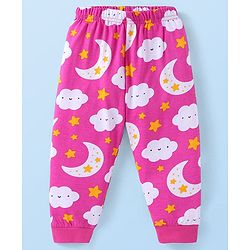 Babyhug Cotton Knit Full Sleeves Night Suit with Star & Cloud Print - Dark Pink