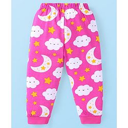 Babyhug Cotton Knit Full Sleeves Night Suit with Star & Cloud Print - Dark Pink