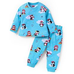 Babyhug Cotton Knit Full Sleeves Penguin Printed Night Suit - Light Blue