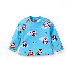 Babyhug Cotton Knit Full Sleeves Penguin Printed Night Suit - Light Blue
