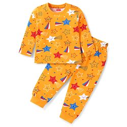 Babyhug Cotton Knit Full Sleeves Night Suit With Stars Print - Orange