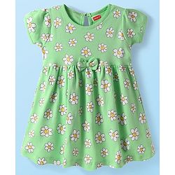 Babyhug Interlock Knit Half Sleeves Floral Printed Frock with Bow Applique - Light Green