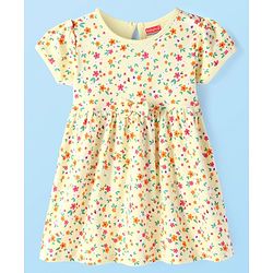 Babyhug Interlock Knit Half Sleeves Frock with Floral Print & Bow Applique -Light Yellow