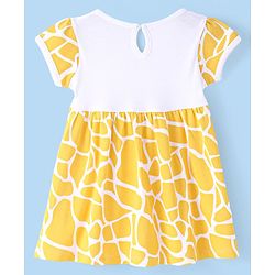 Babyhug Cotton Knit Half Sleeves Printed Frock With Bow Applique - White & Yellow