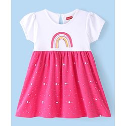 Babyhug Cotton Knit Half Sleeves Frock With Rainbow Print - White & Dark Pink