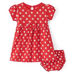 Babyhug Sinker Knit Half Sleeves Floral Printed Frock with Bloomer & Bow Applique - Red