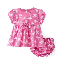 Babyhug Sinker Knit Half Sleeves Frock With Bloomer Butterfly Print & Bow Applique- Pink
