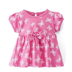 Babyhug Sinker Knit Half Sleeves Frock With Bloomer Butterfly Print & Bow Applique- Pink