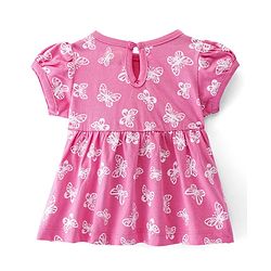 Babyhug Sinker Knit Half Sleeves Frock With Bloomer Butterfly Print & Bow Applique- Pink
