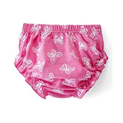 Babyhug Sinker Knit Half Sleeves Frock With Bloomer Butterfly Print & Bow Applique- Pink
