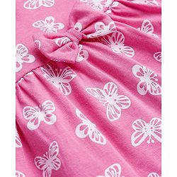 Babyhug Sinker Knit Half Sleeves Frock With Bloomer Butterfly Print & Bow Applique- Pink