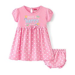 Babyhug Cotton Knit Half Sleeves Text & Polka Dots Printed Frock With Bloomer - Pink