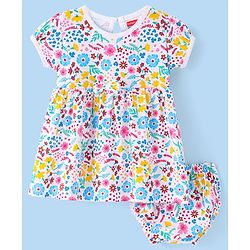 Babyhug Sinker Knit Half Sleeves Floral Printed Frock with Bloomer & Bow Applique - White