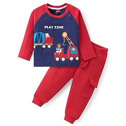 Babyhug Cotton Knit Raglan Sleeves T-Shirt & Lounge Pants Set With Vehicles Print - Red & Blue