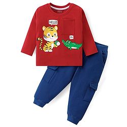 Babyhug Cotton Knit Full Sleeves T-Shirt & Lounge Pants Set With Animals Print - Red & Blue