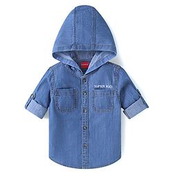 Babyhug Woven Full Sleeves Washed Hooded Denim Shirt - Blue