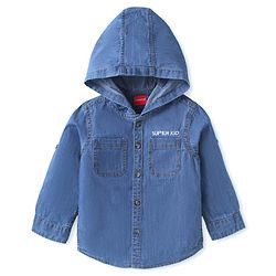 Babyhug Woven Full Sleeves Washed Hooded Denim Shirt - Blue