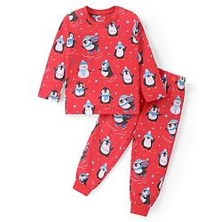 Babyhug Cotton Knit Full Sleeves Night Suit Penguin Print - Red
