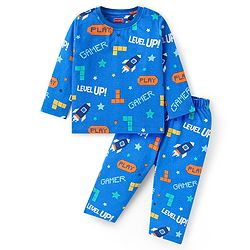 Babyhug Cotton Knit Full Sleeves Text Printed Night Suit - Blue