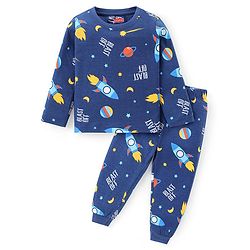 Babyhug Cotton Knit Full Sleeves Night Suit With Space Theme Print - Navy
