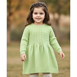 Babyhug Knit Full Sleeves Cable Knit Design A-Line Woollen Dress - Light Green