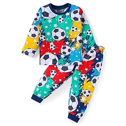 Babyhug Cotton Knit Full Sleeves Night Suit With Footballs Print - Navy
