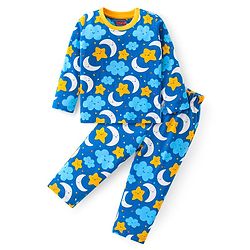 Babyhug Cotton Knit Full Sleeves Night Suit With Moon & Stars Print - Blue