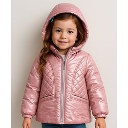 Babyhug Woven Full Sleeves Padded Hooded Jacket with Quilted Design & Solid Colour - Pink