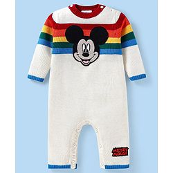 Babyhug Disney Knit Full Sleeves Winter Wear Striped Romper with Mickey Mouse Graphics -White