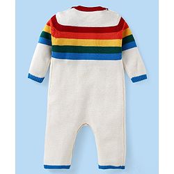 Babyhug Disney Knit Full Sleeves Winter Wear Striped Romper with Mickey Mouse Graphics -White