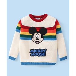 Babyhug Disney Knitted Full Sleeves Pullover Sweater with Stripes & Mickey Mouse Graphics - White