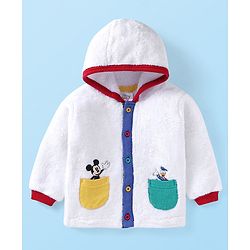 Babyhug Disney Woven Full Sleeves Hooded Fur Jacket with Mickey Mouse & Friends Patch Detailing - White