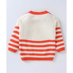 Babyhug Disney Knitted Full Sleeves Striped Design Pullover Sweater with Winnie The Pooh Patch - White & Orange