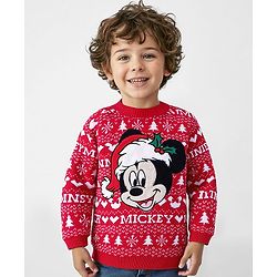 Babyhug Disney Knitted Full Sleeves Pullover Sweater With Mickey Mouse Design & Embroidery Detailing - Red