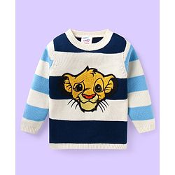 Babyhug Disney Knitted Full Sleeves Pullover Sweater with Stripes Design & Lion King Embroidery - White & Blue