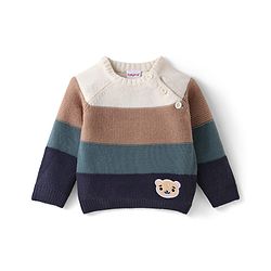 Babyhug Knitted Full Raglan Sleeves Sweater with Bear Patch Detailing - Blue Brown & White