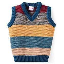 Babyhug Knitted  Sleeveless Striped Pullover Sweater Design - Dark Green Tan & Red