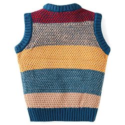 Babyhug Knitted  Sleeveless Striped Pullover Sweater Design - Dark Green Tan & Red