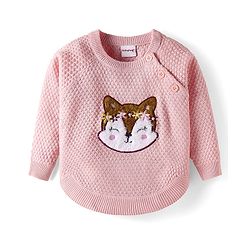 Babyhug Knit Full Raglan Sleeves Sweater With Kitty Embroidery - Pink
