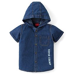 Babyhug Denim Half Sleeves Text Printed Hooded Shirt - Blue